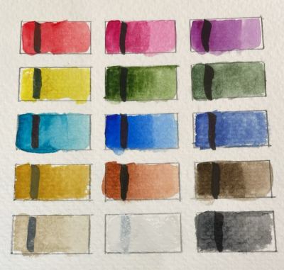 Swatches of the watercolours listed in the post, starting with red and ending with grey